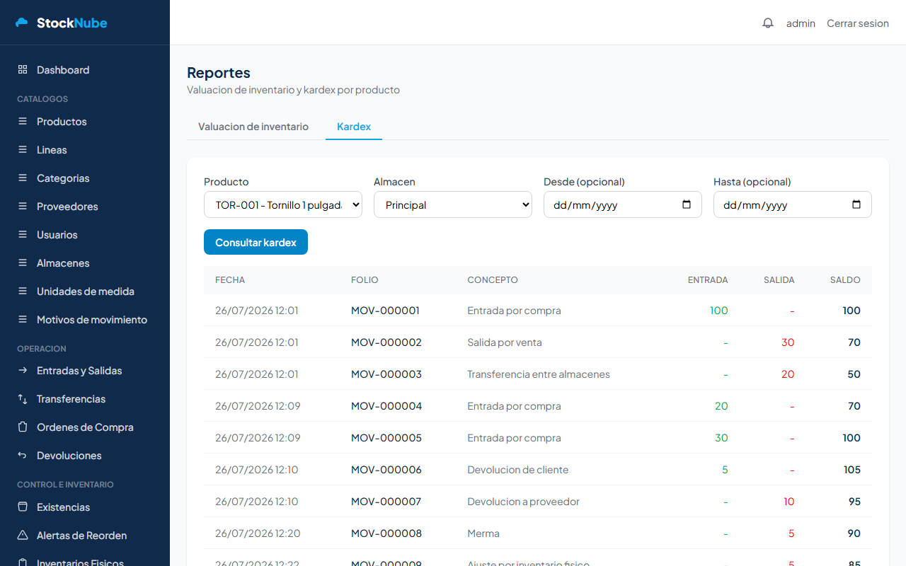 Pantalla de Kardex mostrando el historial de movimientos de un producto